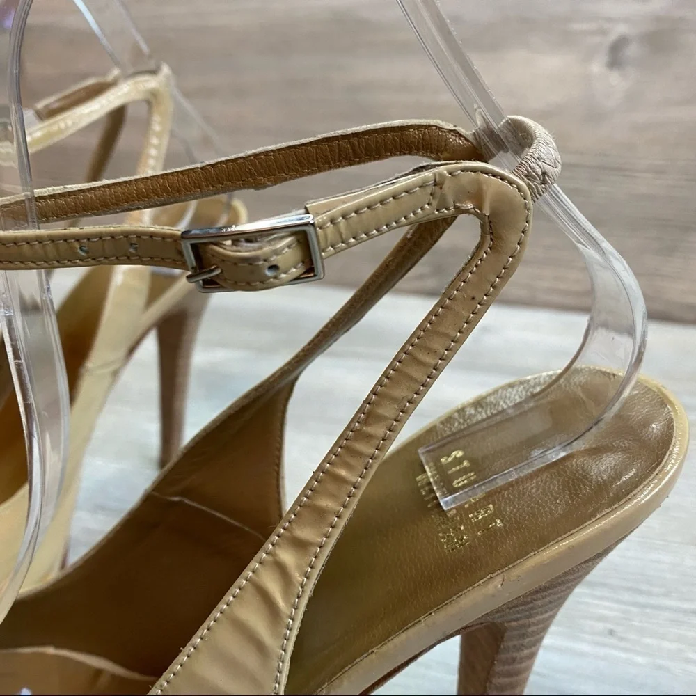 Stuart Weitzman beige patent leather ankle strap platform open toe heels size 8